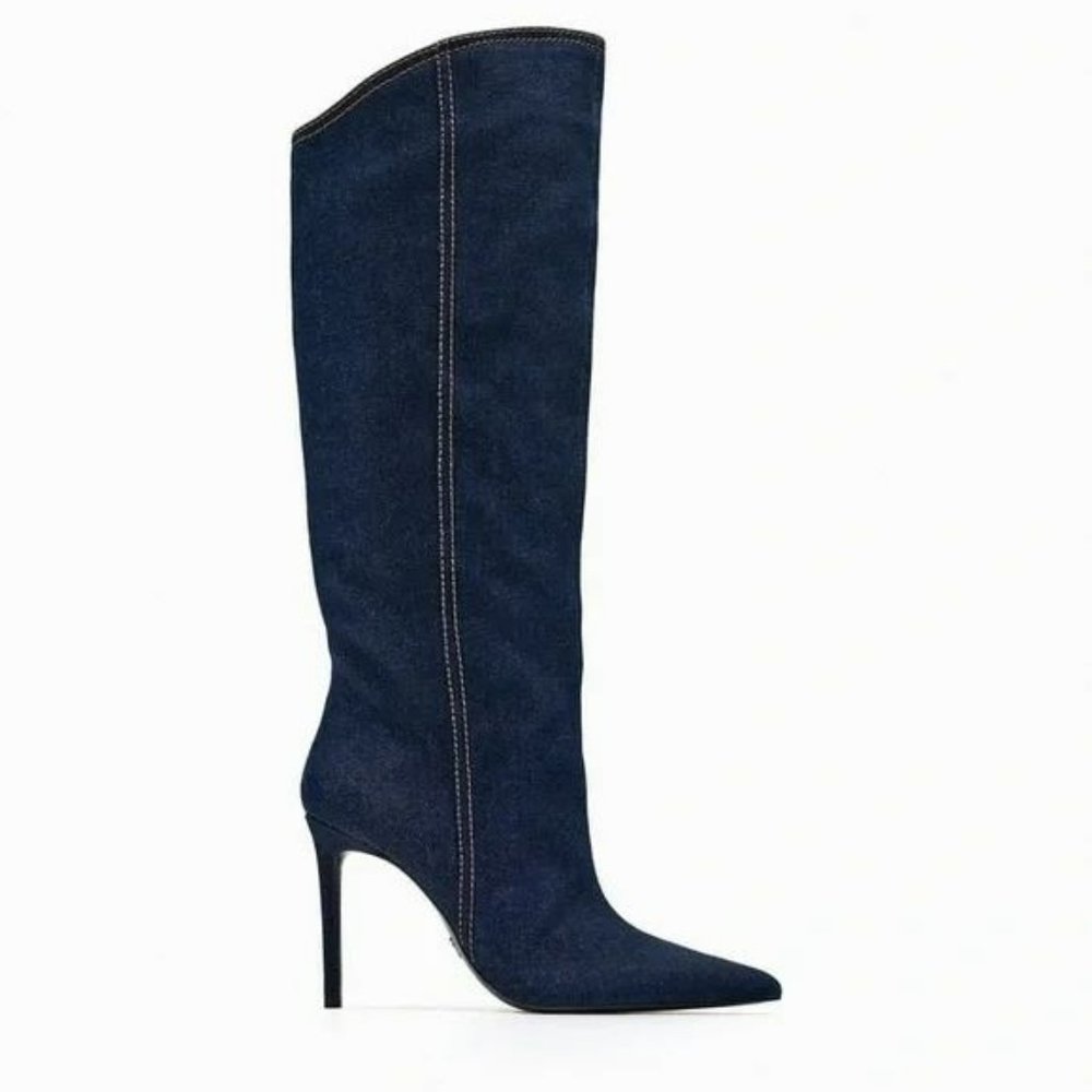 ZARA HEELED DENIM KNEE HIGH BOOTS NWT